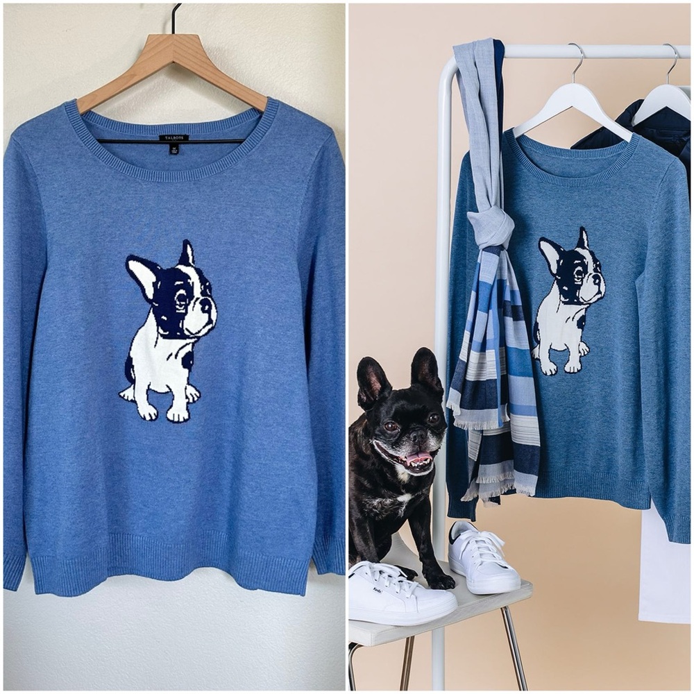 Talbots Blue Sweater with French Bulldog Design